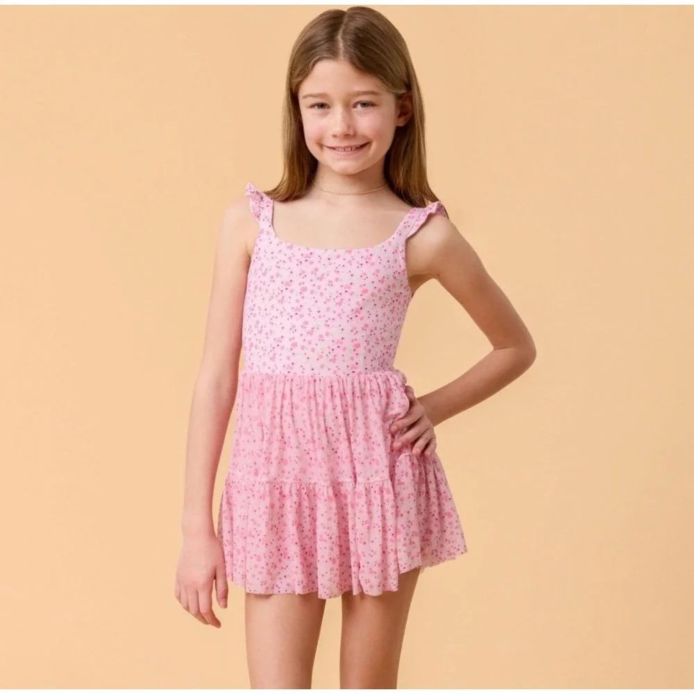 Blogilates Girls Ballerina Ruffle Dress Pink Floral  XL 14 Active Skort Dress